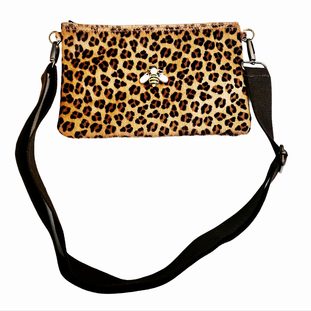 Leopard Print Hair on Hide Crossbody Bag with Bee Snap Charm & Adjustable Strap - Picture 3 of 9